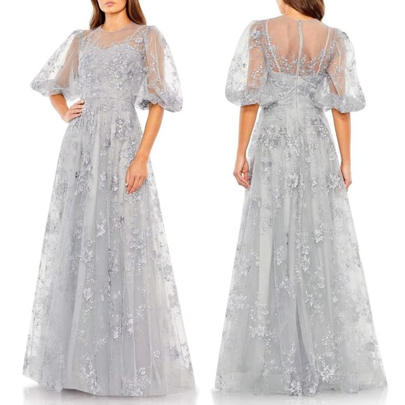 NWT MAC DUGGAL EMBROIDERED ILLUSION HIGH NECK RUFFLE SLEEVE GOWN‎ SZ 10 SILVER - Picture 1 of 11